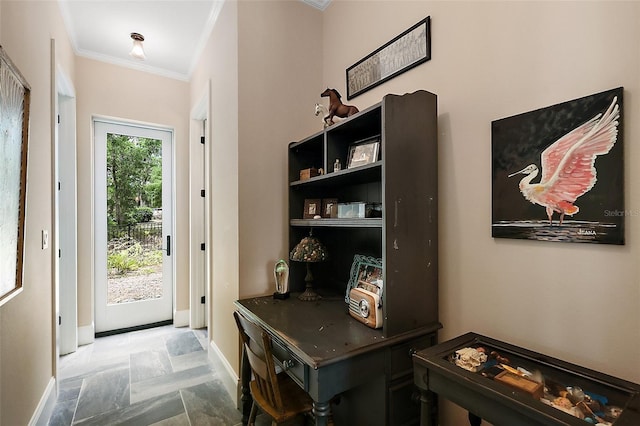 6905 Clayton St, Mount Dora, FL 32757 - doorway to outside featuring crown molding, baseboards, and stone finish flooring