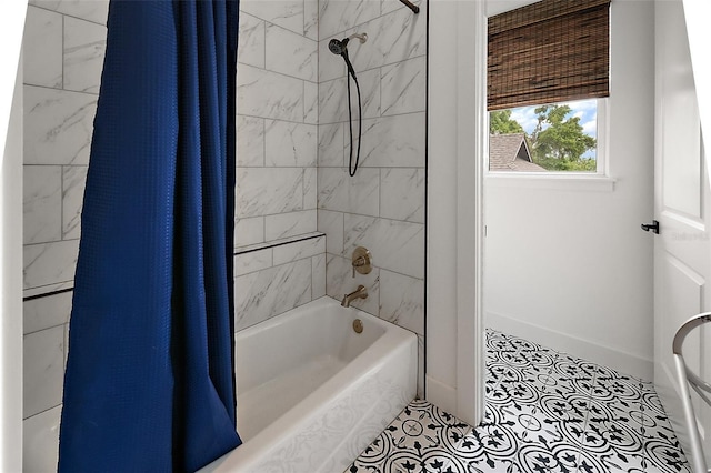 6905 Clayton St, Mount Dora, FL 32757 - bathroom with shower / bathtub combination with curtain and baseboards