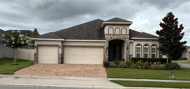 2504 Cavender Creek Rd, Minneola, FL 34715 - view of front of house with stone siding, decorative driveway, an attached garage, stucco siding, and a front lawn