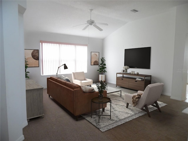 739 Cortez Ave, The Villages, FL 32159 - living room with ceiling fan, lofted ceiling, and carpet floors