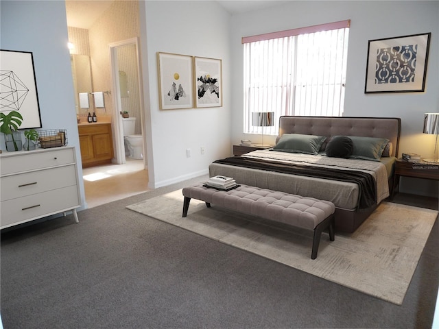 739 Cortez Ave, The Villages, FL 32159 - bedroom with light carpet, ensuite bathroom, and lofted ceiling