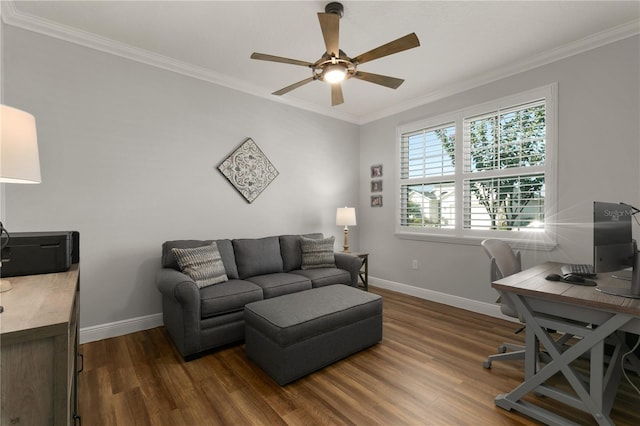 8492 Hartford Way, Mount Dora, FL 32757 - office featuring dark wood-type flooring, a ceiling fan, and crown molding