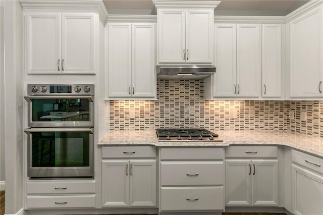 8492 Hartford Way, Mount Dora, FL 32757 - kitchen with appliances with stainless steel finishes, backsplash, light stone counters, and white cabinets