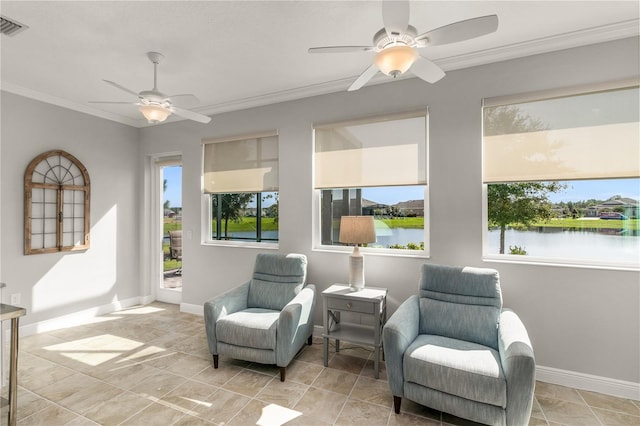 8492 Hartford Way, Mount Dora, FL 32757 - sitting room with ceiling fan, healthy amount of natural light, crown molding, and a water view