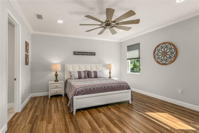 8492 Hartford Way, Mount Dora, FL 32757 - bedroom featuring wood finished floors, crown molding, recessed lighting, and ceiling fan