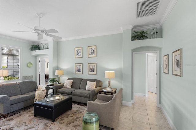 1140 Eureka Mill Run, The Villages, FL 32162 - living area featuring crown molding, light tile patterned floors, ceiling fan, and visible vents