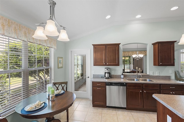 1140 Eureka Mill Run, The Villages, FL 32162 - kitchen with a sink, pendant lighting, an inviting chandelier, light tile patterned floors, and stainless steel dishwasher