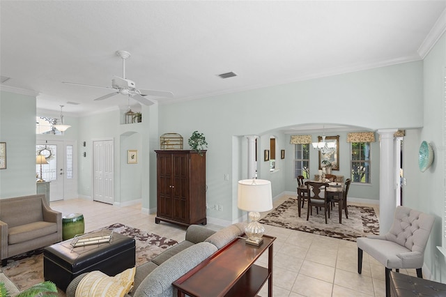 1140 Eureka Mill Run, The Villages, FL 32162 - living room featuring ornamental molding, visible vents, light tile patterned flooring, and arched walkways