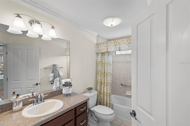 1140 Eureka Mill Run, The Villages, FL 32162 - full bathroom with toilet, shower / tub combo, tile patterned floors, vanity, and ornamental molding