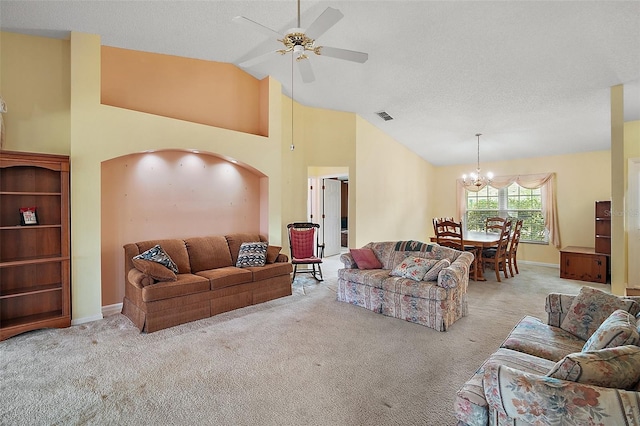 carpeted living room with arched walkways, visible vents, lofted ceiling, and ceiling fan with notable chandelier