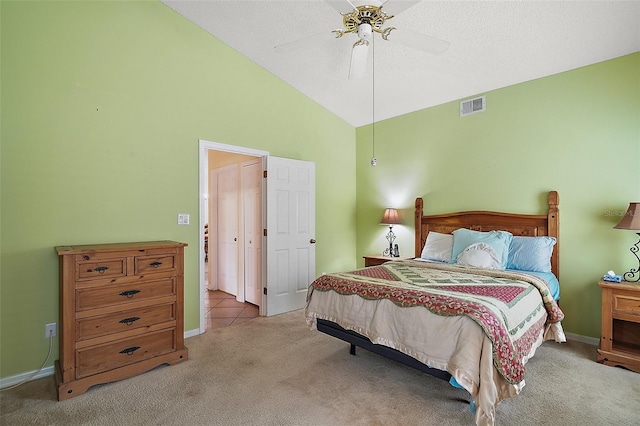 carpeted bedroom featuring visible vents, ceiling fan, high vaulted ceiling, and baseboards