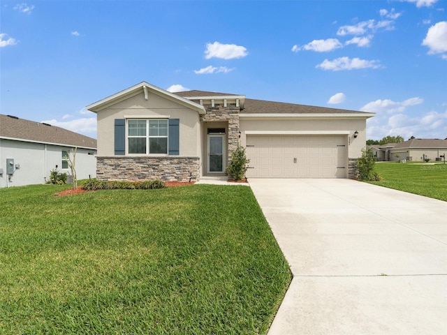 view of front of house with driveway, stone siding, stucco siding, a front lawn, and a garage
