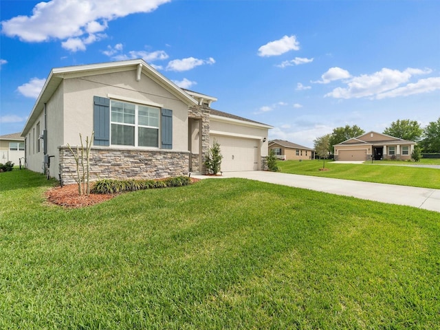 view of front of house with an attached garage, concrete driveway, stone siding, and stucco siding