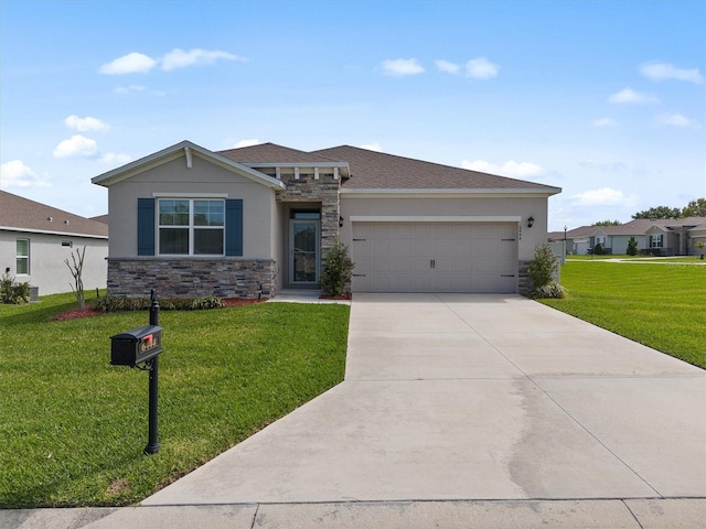 view of front of home with driveway, stone siding, an attached garage, stucco siding, and a front lawn