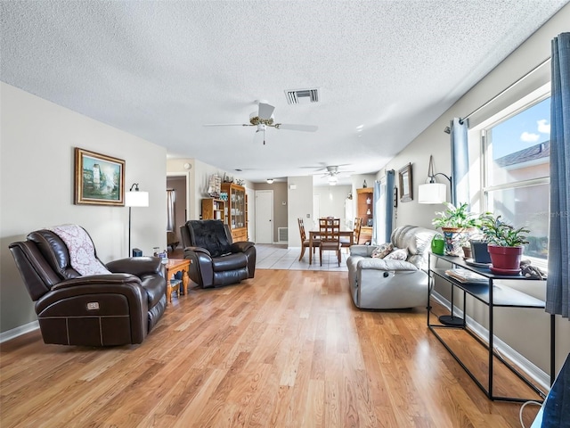 living room with ceiling fan, a textured ceiling, visible vents, light wood-type flooring, and baseboards