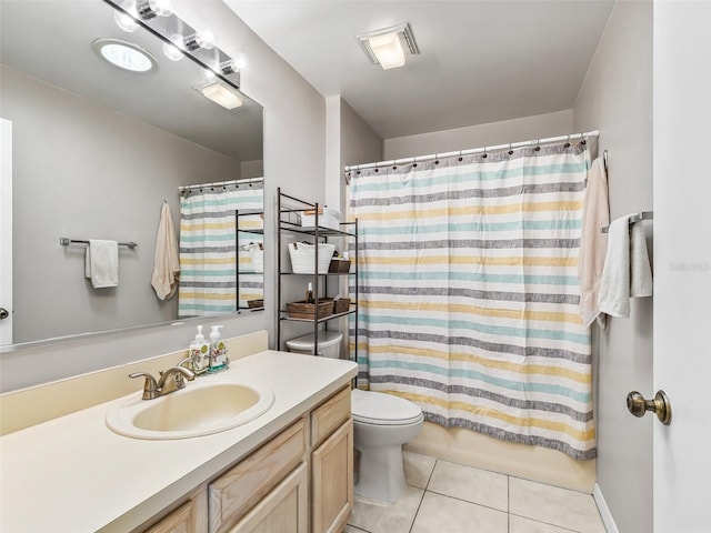 bathroom with toilet, shower / bath combo with shower curtain, tile patterned flooring, and vanity