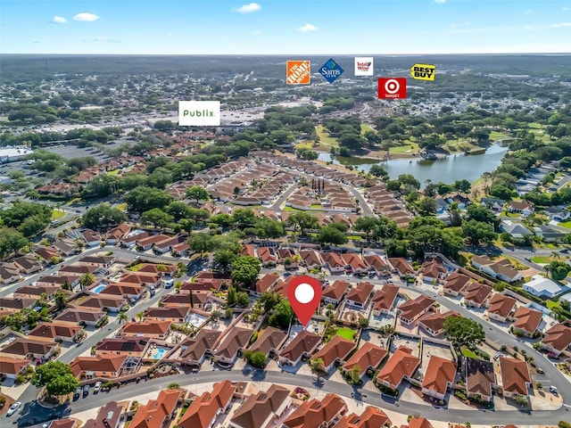 aerial view with a water view and a residential view