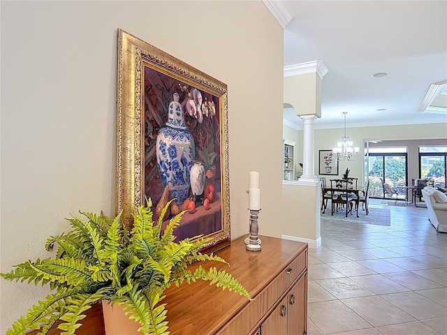 1842 Lake Ridge Dr, The Villages, FL 32162 - hall with an inviting chandelier, crown molding, decorative columns, light tile patterned flooring, and arched walkways