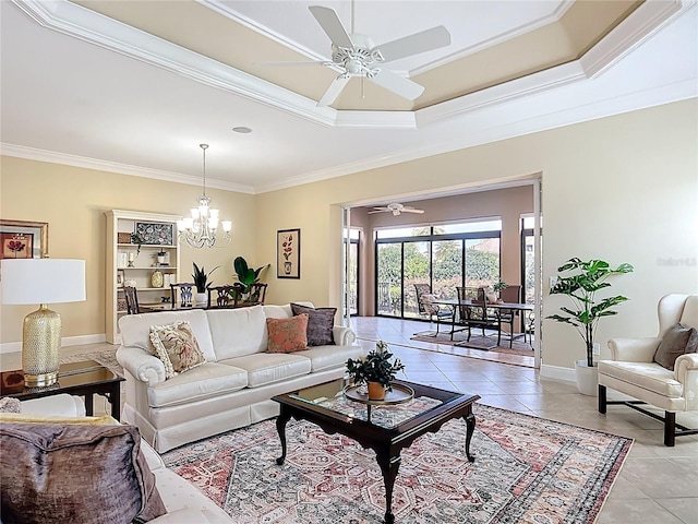 1842 Lake Ridge Dr, The Villages, FL 32162 - living area with baseboards, ornamental molding, ceiling fan with notable chandelier, and light tile patterned flooring
