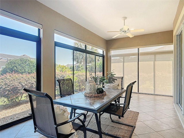 1842 Lake Ridge Dr, The Villages, FL 32162 - sunroom featuring tile patterned flooring, a ceiling fan, and outdoor dining space