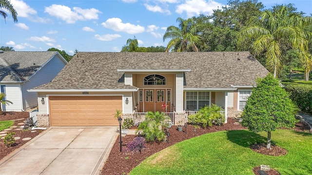 ranch-style house with a shingled roof, a garage, a porch, a front yard, and driveway