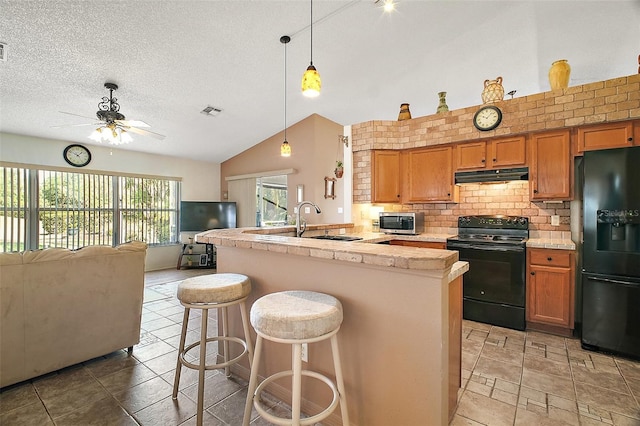 kitchen featuring open floor plan, under cabinet range hood, a sink, black appliances, and vaulted ceiling