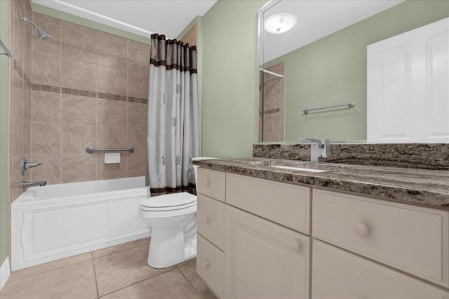 bathroom featuring shower / bathtub combination with curtain, toilet, tile patterned flooring, and vanity