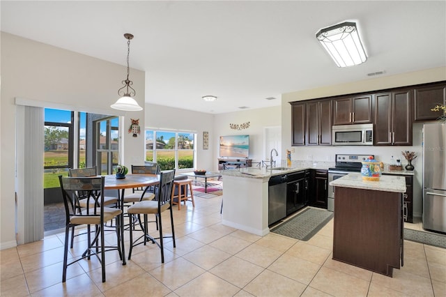2641 Meadow View Ct, Kissimmee, FL 34746 - kitchen featuring appliances with stainless steel finishes, a peninsula, dark brown cabinetry, and healthy amount of natural light
