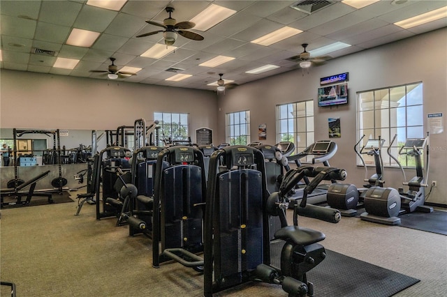 2641 Meadow View Ct, Kissimmee, FL 34746 - exercise room with carpet flooring, a drop ceiling, and ceiling fan
