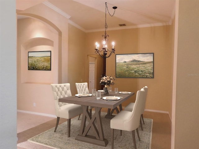 dining room with an inviting chandelier, baseboards, crown molding, and visible vents