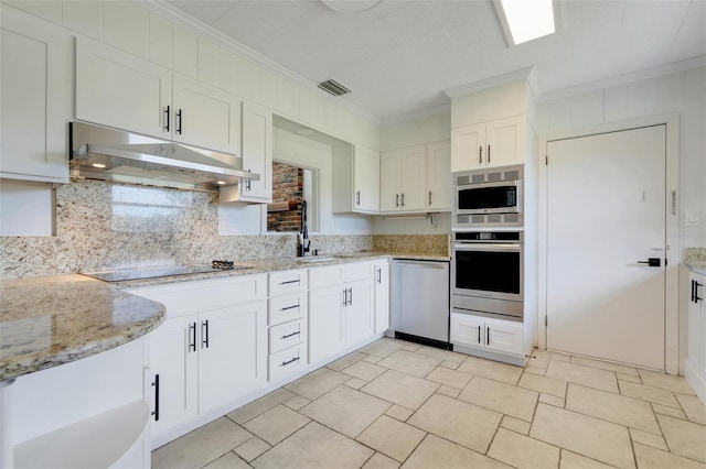 274 W Kings Hwy, Center Hill, FL 33514 - kitchen featuring crown molding, under cabinet range hood, a sink, backsplash, and stainless steel appliances