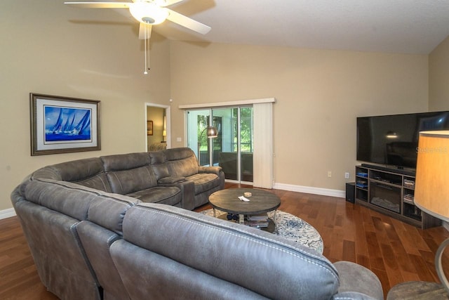 2539 Caithness Way, Clermont, FL 34714 - living room with wood finished floors, baseboards, a ceiling fan, and vaulted ceiling