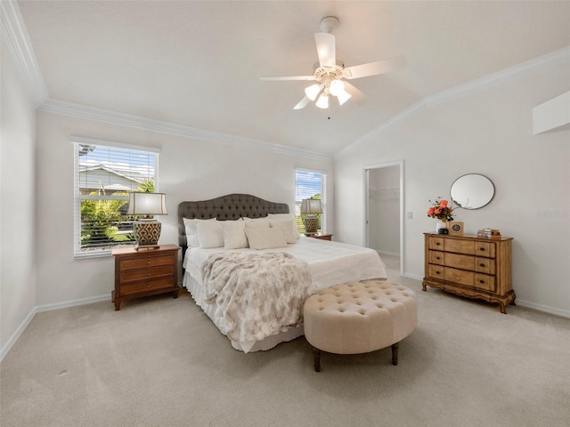 951 Chapman Loop, The Villages, FL 32162 - bedroom with multiple windows, light colored carpet, crown molding, baseboards, and vaulted ceiling