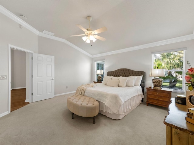 951 Chapman Loop, The Villages, FL 32162 - bedroom featuring light colored carpet, crown molding, multiple windows, lofted ceiling, and baseboards