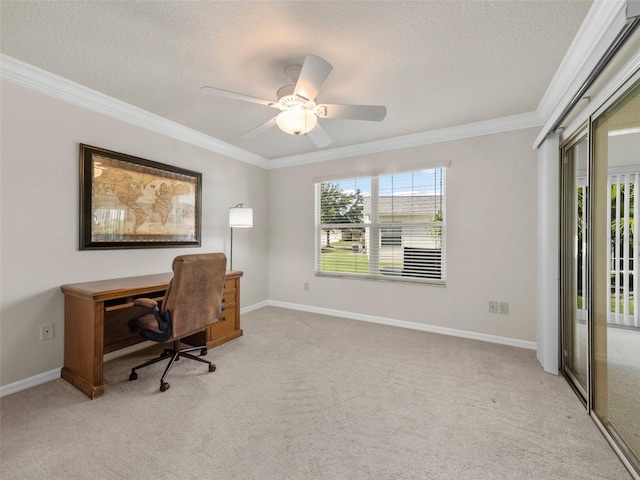 951 Chapman Loop, The Villages, FL 32162 - office with a textured ceiling, crown molding, light carpet, baseboards, and a ceiling fan