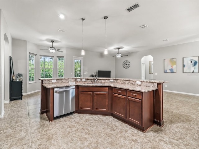 kitchen featuring arched walkways, visible vents, ceiling fan, and dishwasher