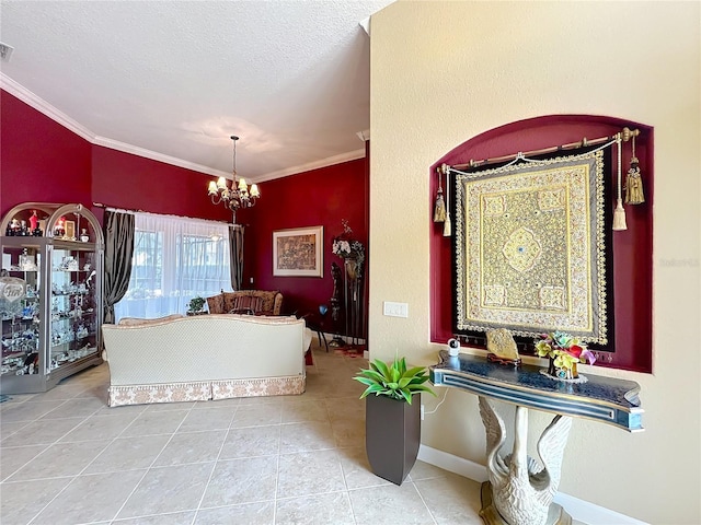 1473 Lakemist Ln, Clermont, FL 34711 - interior space featuring ornamental molding, baseboards, a textured ceiling, tile patterned floors, and a chandelier