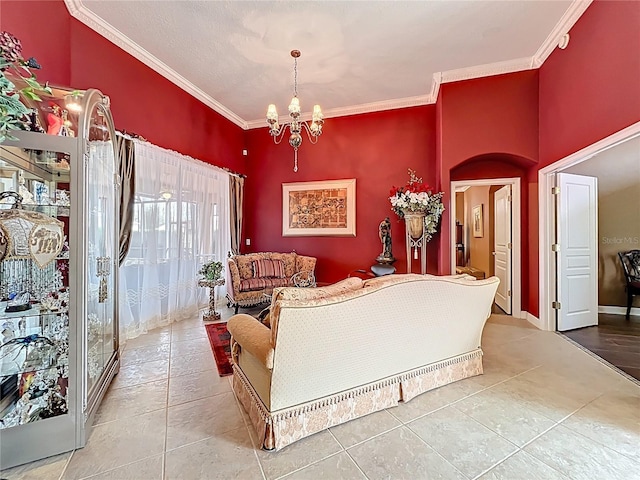 1473 Lakemist Ln, Clermont, FL 34711 - tiled living area with an inviting chandelier and crown molding