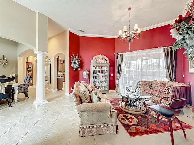 1473 Lakemist Ln, Clermont, FL 34711 - tiled living area featuring ornate columns, arched walkways, a towering ceiling, and an inviting chandelier