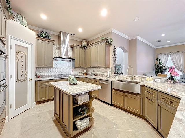 1473 Lakemist Ln, Clermont, FL 34711 - kitchen featuring wall chimney range hood, a sink, dishwasher, arched walkways, and tasteful backsplash