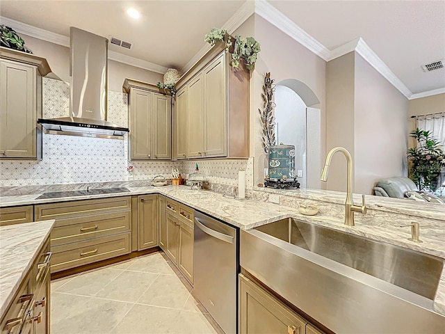 1473 Lakemist Ln, Clermont, FL 34711 - kitchen featuring stainless steel dishwasher, visible vents, black electric stovetop, wall chimney exhaust hood, and a sink