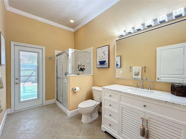 1473 Lakemist Ln, Clermont, FL 34711 - full bath featuring tile patterned floors, ornamental molding, a shower stall, and toilet