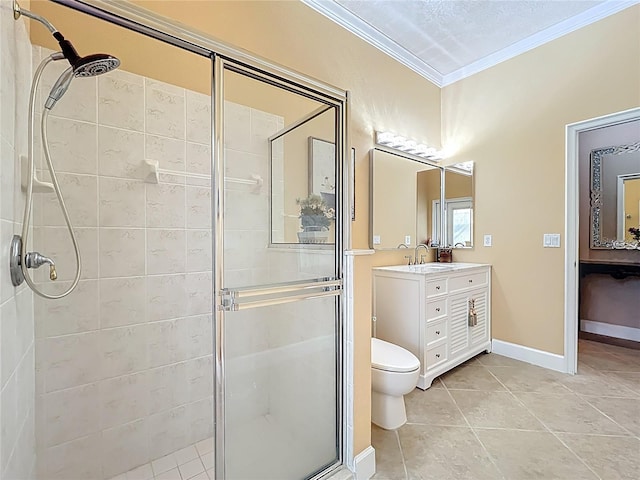1473 Lakemist Ln, Clermont, FL 34711 - bathroom featuring crown molding, a shower stall, tile patterned floors, vanity, and toilet