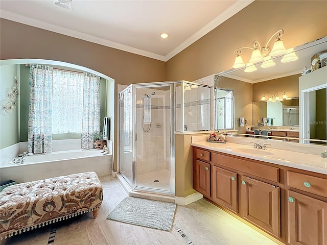 1473 Lakemist Ln, Clermont, FL 34711 - full bath featuring crown molding, vanity, a shower stall, and a garden tub