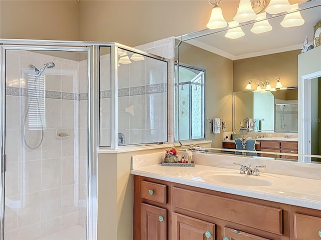 1473 Lakemist Ln, Clermont, FL 34711 - full bathroom with vanity, ornamental molding, and a stall shower