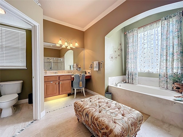 1473 Lakemist Ln, Clermont, FL 34711 - bathroom with crown molding, vanity, toilet, a shower stall, and a garden tub