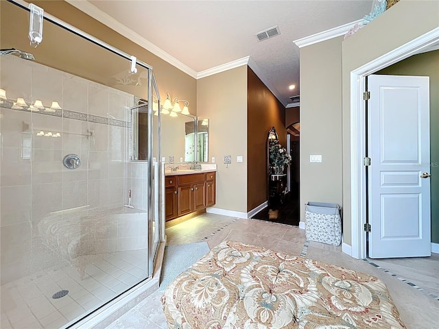 1473 Lakemist Ln, Clermont, FL 34711 - full bathroom featuring visible vents, a shower stall, vanity, tile patterned floors, and ornamental molding