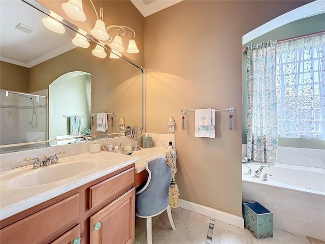 1473 Lakemist Ln, Clermont, FL 34711 - full bathroom with crown molding, vanity, a shower stall, visible vents, and a garden tub