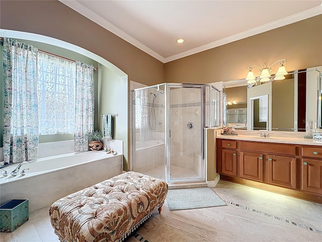 1473 Lakemist Ln, Clermont, FL 34711 - full bathroom featuring crown molding, vanity, a bath, and a shower stall
