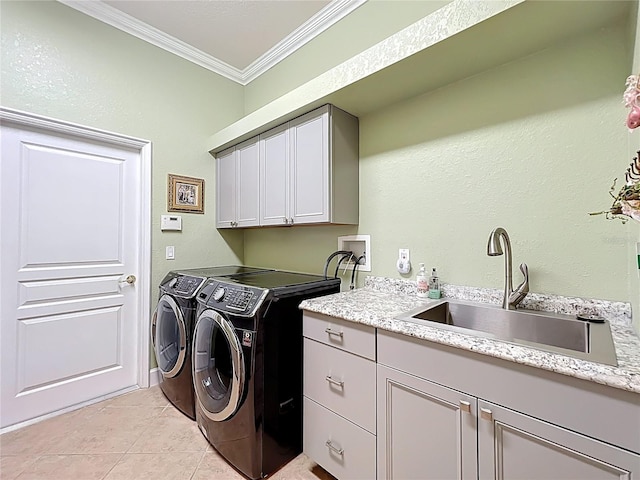1473 Lakemist Ln, Clermont, FL 34711 - laundry room featuring independent washer and dryer, cabinet space, a sink, light tile patterned floors, and ornamental molding